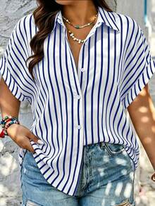 Plus Size Summer Fashion Striped Single-Breasted Drop Shoulder Short Sleeve Shirt, Polyester Contrast Color Front Button Closure, Short Front Long Back Design - Blue Stripes - View 1