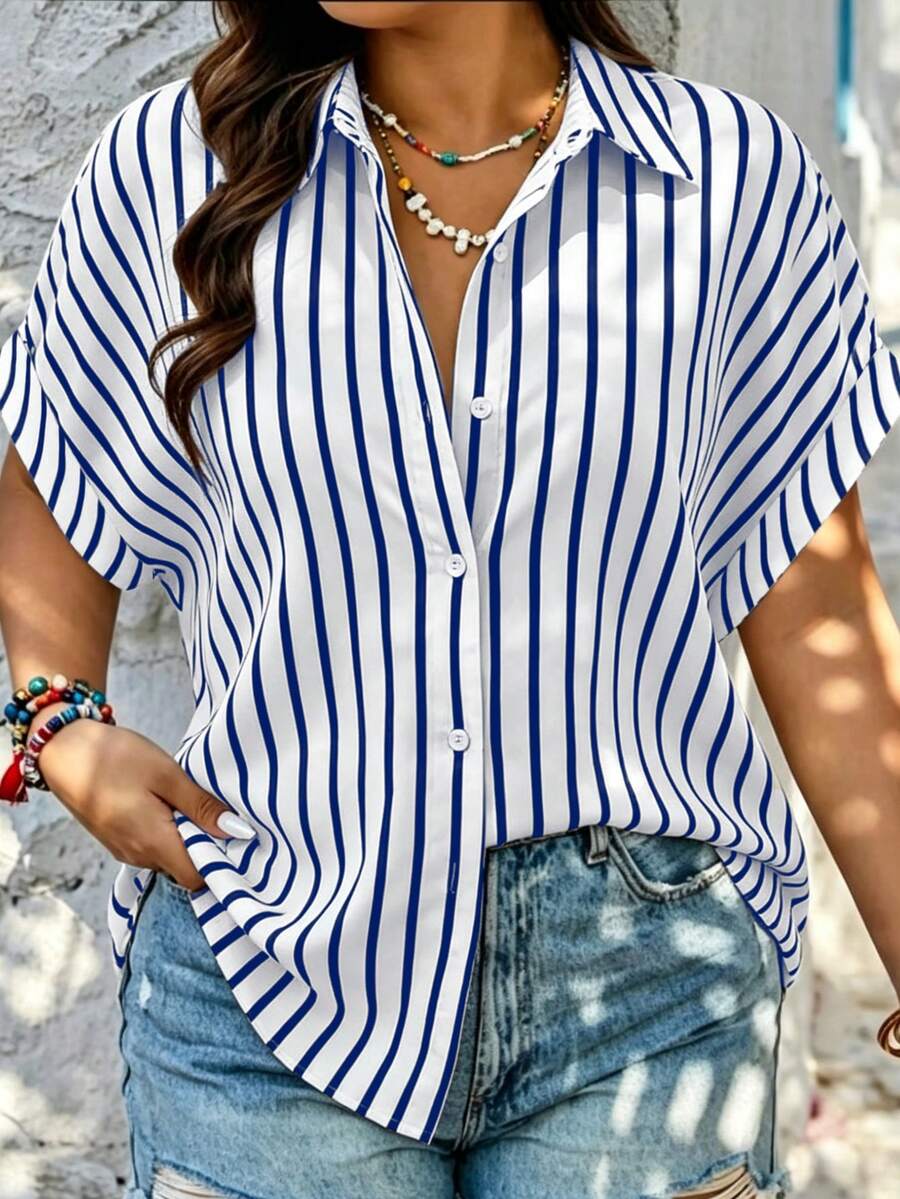 Plus Size Summer Fashion Striped Single-Breasted Drop Shoulder Short Sleeve Shirt, Polyester Contrast Color Front Button Closure, Short Front Long Back Design - Blue Stripes - View 1