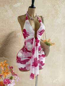 Vestido mini con estampado floral, diseño de lazo y escote halter, para vacaciones - Multicolor 5 - Ver 7