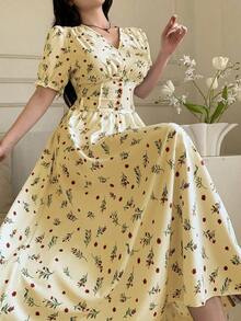 MEXCelisse Vestido de verano elegante para vacaciones con cuello en V, mangas abultadas y cintura ceñida con estampado floral diminutoMEX IJDX - Amarillo - Ver 1