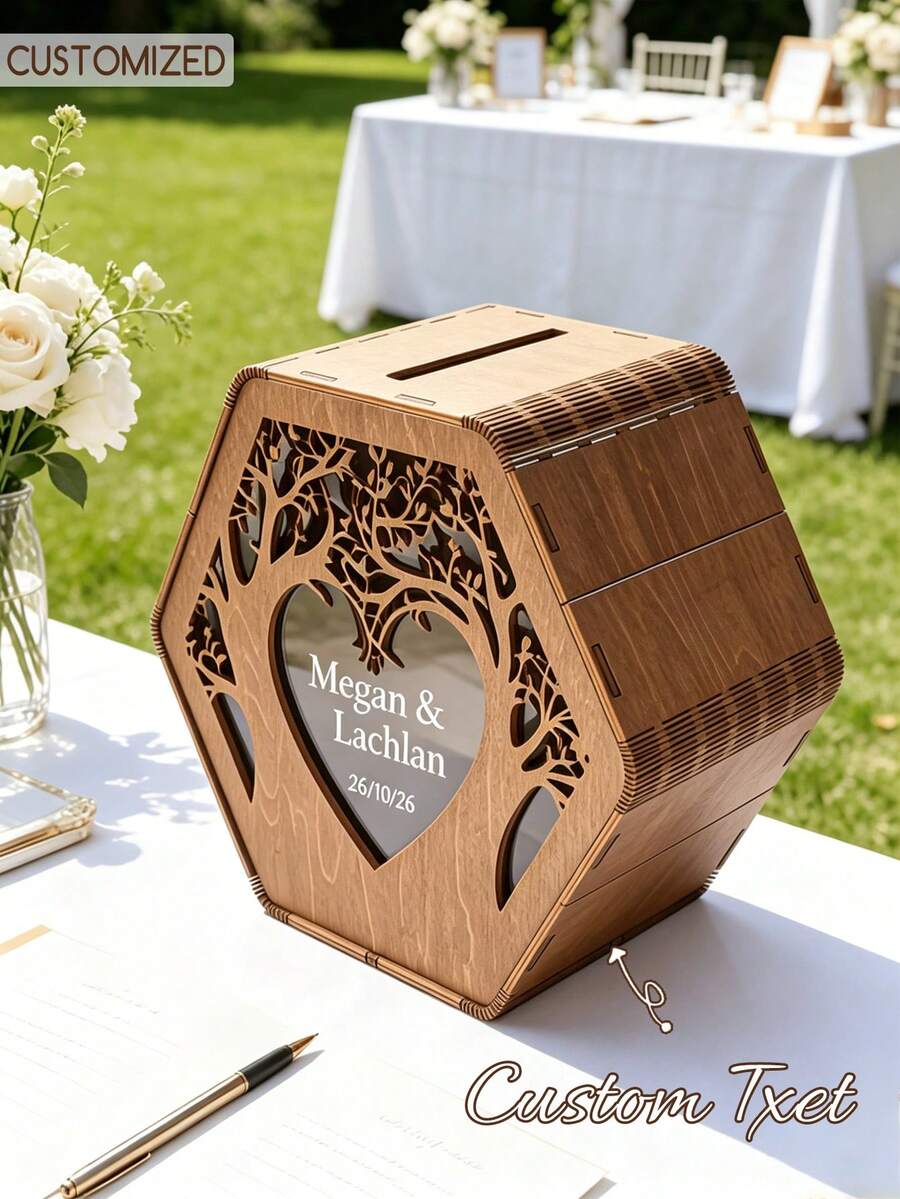 1pc Rustic Wooden Wedding Card Holder, Customizable Name And Date, Slotted Wedding Card Box, Wedding Reception Card Box, Wedding Souvenir - Multicolor - View 1