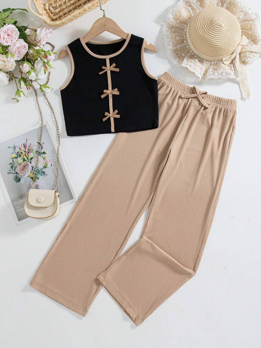 Setelan 2pcs Anak Perempuan Kasual Modis, Atasan Tanpa Lengan Leher Bulat Warna Kontras dan Hiasan Pita 3D serta Celana Panjang dengan Tali Serut Palsu, Musim Panas - Khaki - View 1