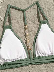 Top de Bikini Sexy y Decorativo de Color Sólido con Espalda Descubierta y Cuello Halter Swim Vcay - Blanco - Ver 9