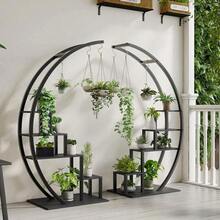Soporte para plantas de interior con 4 ganchos colgantes, estante alto de 5 niveles para plantas de 56", estante para plantas en forma de media luna, estante de exhibición, 2 piezas de soporte para plantas, estante para flores, estantes de almacenamiento para sala de estar, patio, decoración exterior en negro/marrón. - Negro - Ver 9