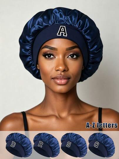 1pc A-Z Letters Print Satin Sleep Cap With Elastic Wide Brim, Women Silky Hair Care Cap, Suitable For Nighttime Sleep, Hair Salon Treatment And Daily Hair Care,Summer,Beach,Hat,Holiday,Travel