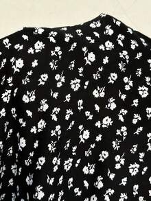 Unity Vestido midi de línea A con mangas cortas abullonadas, cintura alta, cuello con aplicación de corazón y encaje, estampado de lunares blanco y negro en patchwork.Minimalista, elegante y dulce, adecuado para uso diario, viajes, primavera/verano, mujeres - Negro - Ver 8