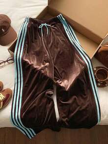 2026 Nuevo Pantalones deportivos casuales de mujer con raya lateral amarilla, cintura elástica y corte holgado, adecuados para primavera/verano, Navidad, Y2K, salidas casuales de Año Nuevo - Marrón 3 - Ver 2