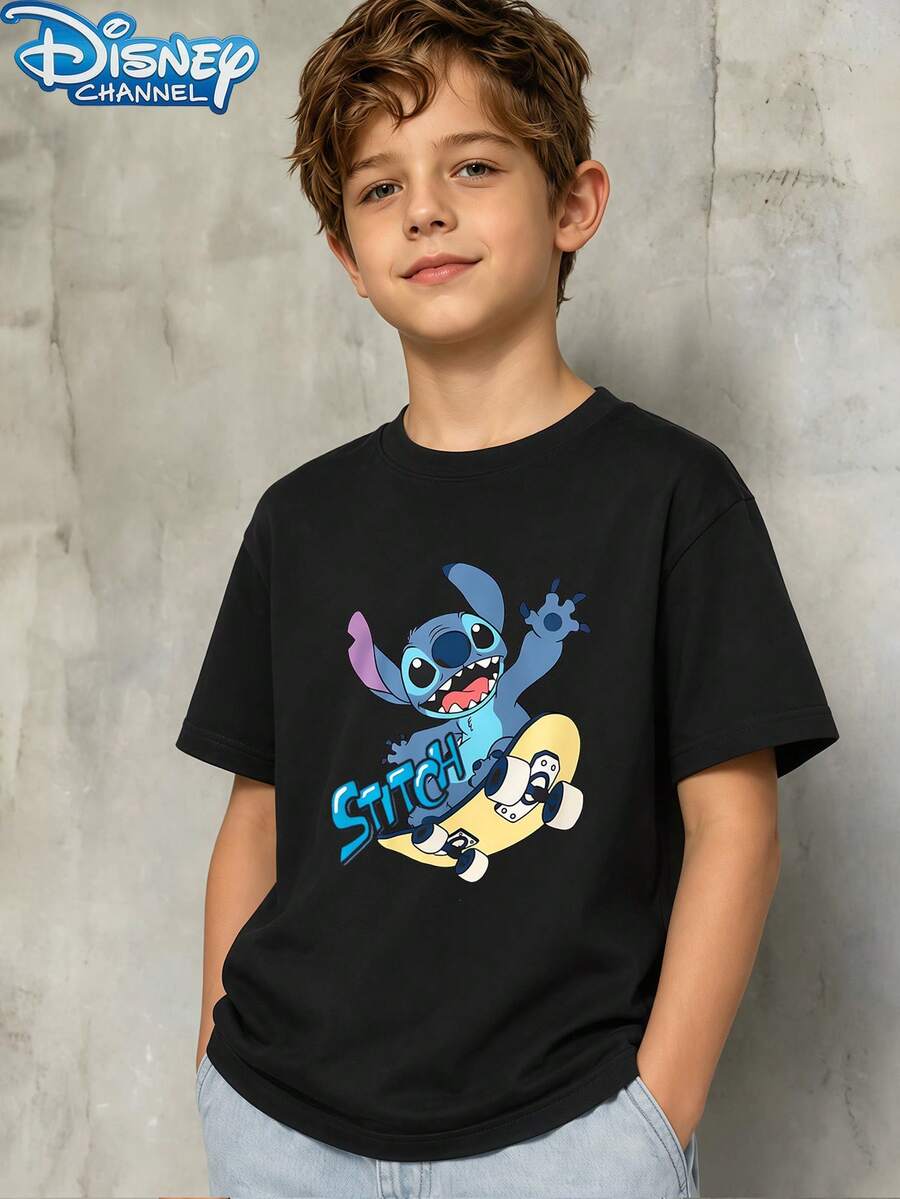 Disney Lilo & Stitch 1 Piece Teen Boys Skateboard Stitch Print Short Sleeve T Shirt Black Daily Summer Boys Clothes Teen Boy Clothes Shirts - màu đen - Xem 1