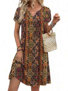 ,Flower Dress Women,2026 Women's Summer Casual Floral V-Neck A-Line T-Shirt Mini Dress Short Sleeve With Pockets Beach Sundress,Casual Summer Dress, Summer Casual Dress, Holiday Choice - 彩色 - 查看 12