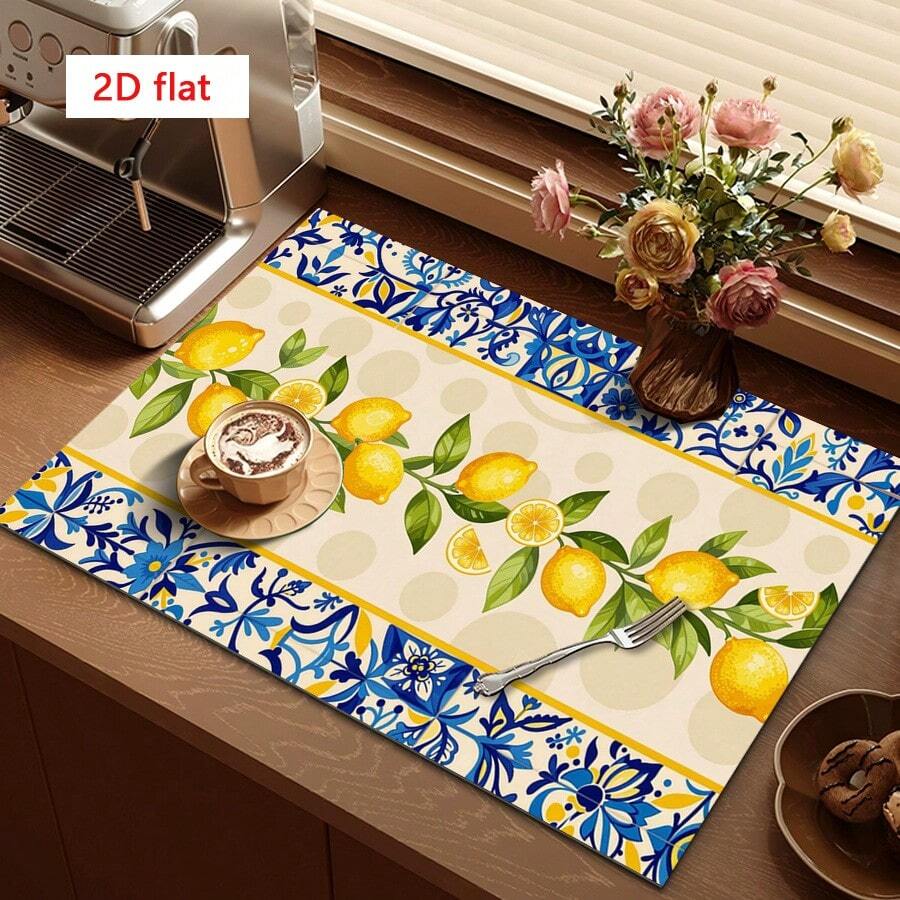1pc Mediterranean Lemon Pattern Dish Drying Mat, Efficient Water Absorption Quick Drying Decorative Pad For Countertop, Coffee Machine, Dining Table, Suitable For Multiple Scenes, Household Gift