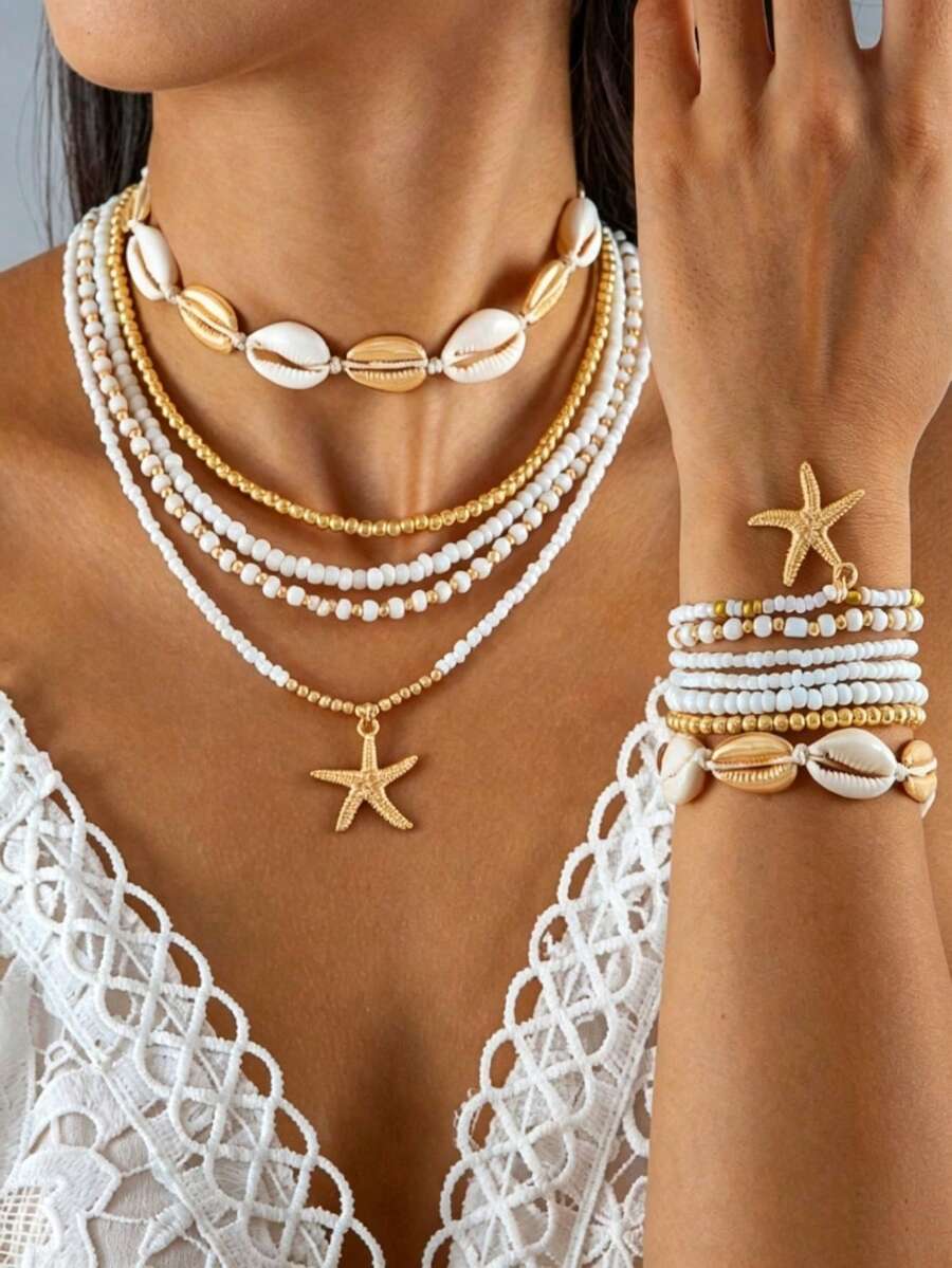 Bộ 1 vòng cổ dệt thủ công phong cách Bohemian thời trang, mặt dây chuyền hình sao biển và hạt cườm đất sét polymer, thích hợp cho phụ nữ đeo hàng ngày. - trắng - Xem 1