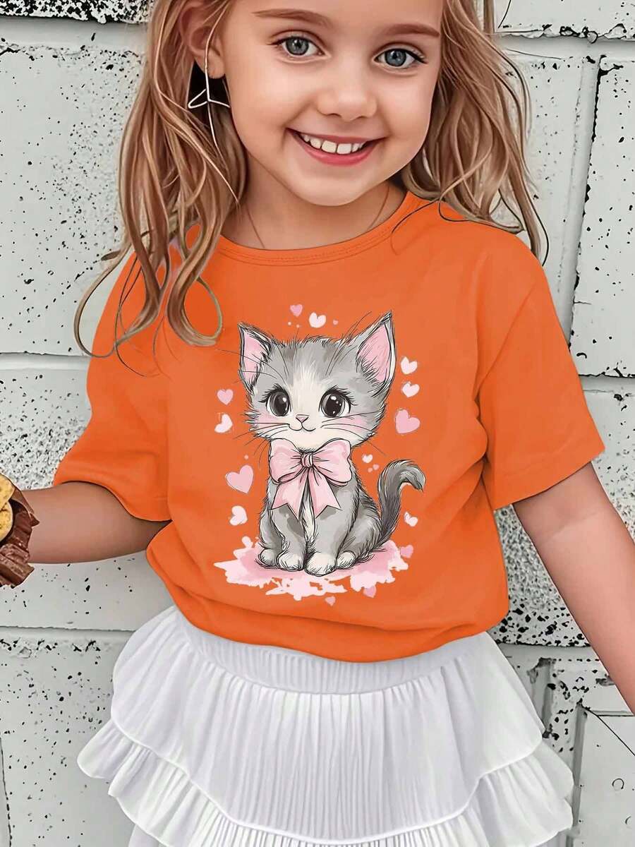 Camiseta de manga corta de moda veraniega para niñas con un lindo gatito con un lazo rosa y estampado de dibujos animados de corazones, un top casual versátil NY-DX7374 - Burdeos - Ver 1
