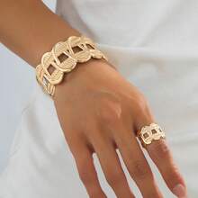 1 Set Fashion Exaggerated Creative Geometric Hollow Floral Adjustable Bangle + Ring Jewelry Set, Suitable For Versatile Daily Wear - Yellow Gold - View 6
