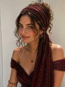 1pc New Arrival European And American Style Sequin Criss-Cross Headscarf, Autumn Scarf - Burgundy - View 5