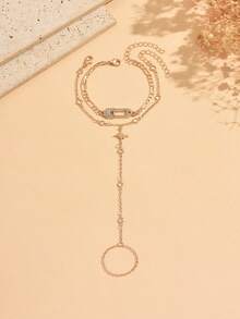 2pcs/Set Minimalist Niche Style Gold Rhinestone Hexagram Hairpin Decor Double-Layer Adjustable Finger Chain Bracelet, Fashionable Versatile Hand Jewelry Suitable For Daily Wear And Party Occasions - Multicolor - View 2