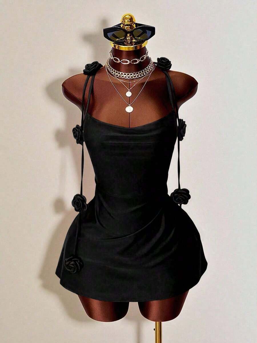 MSMistrie Vestido rojo romántico de fiesta con cuello halter, minifalda ajustado con decoración de rosas 3D, diseño con espalda abierta y fruncido, ve - Negro - Ver 1