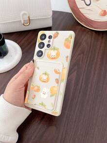 1pc White TPU Watercolor Persimmon Rabbit Strawberry Cute Pattern Full-Coverage Shockproof Phone Case And 1pc White Watercolor Persimmon Rabbit Strawberry Cute Pattern Adhesive Card Holder, Compatible With Android////Galaxy/ - Multicolor - View 4