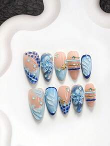 Bộ 10 móng tay giả nghệ thuật phong cách cổ tích đại dương làm thủ công, bộ móng Poly Gel, charm móng sao biển và hạt bong bóng xanh, hoa 5 cánh xanh chạm khắc tay, sơn móng xanh, phong cách lãng mạn tươi mới, kèm dụng cụ làm móng (1 miếng dán jelly + 1 dũa móng), 3 size, dáng hạnh nhân, dáng vịt, dáng quan tài, phù hợp đi tiệc, hằng ngày, sự kiện, chụp ảnh, đi làm mùa xuân/hè - Nhiều màu - Xem 18