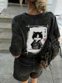 Short-Sleeved T-Shirt With Round Neck, Samurai Cat Print And Tie-Dye, Minimalist And Fashionable Style For Summer, Versatile And Elegant Blouse For Women In Black Unisex (Retro Style, Unisex, Casual Blouses For Women, Women's T-Shirts) - 黑色 - 查看 7