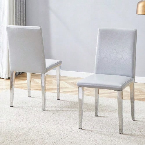 [2er-Set Minimalist Esszimmerstühle] European Light Luxus In Grau-Silber: Hellgraues Structures PU-Leder+Silberfarbene Metallbeine, Past Perfect In Modern Esszimmer, Wohnzimmer U.V. Mr. - 淺灰色 + 銀色 + 金屬 + PU 皮革 + 兩件套 - 查看 1