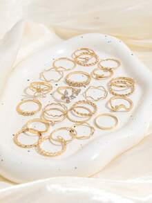 24 piezas Anillos de mariposa con diamantes de imitación en estilo INS, juego de anillos apilables de cadena ondulada de alta gama y versátil para mujeres - Dorado - Ver 3