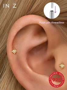 1 chiếc khuyên tai hình ngôi sao bát giác mạ vàng 18K nhẹ, khuyên tai hình ngôi sao bằng bạc sterling 925 không gây dị ứng, khuyên tai dạng phẳng, khuyên tai sụn, khuyên mũi, thích hợp cho nữ giới đeo hàng ngày (Bán lẻ từng chiếc) - Hoa tai hình ngôi sao tám cánh - Xem 1