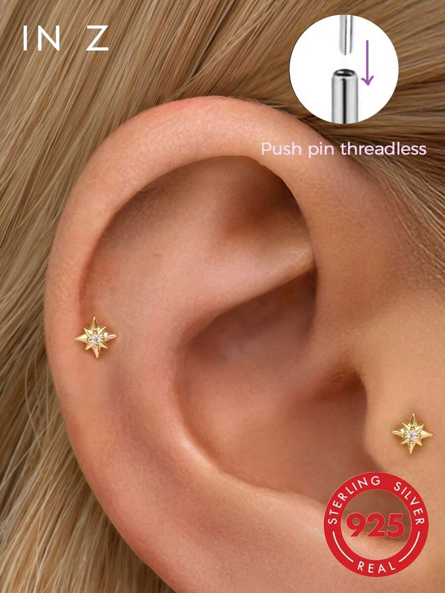 1 chiếc khuyên tai hình ngôi sao bát giác mạ vàng 18K nhẹ, khuyên tai hình ngôi sao bằng bạc sterling 925 không gây dị ứng, khuyên tai dạng phẳng, khuyên tai sụn, khuyên mũi, thích hợp cho nữ giới đeo hàng ngày (Bán lẻ từng chiếc) - Hoa tai hình ngôi sao tám cánh - Xem 1