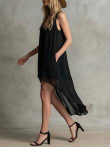 Vestido holgado casual de chifón sin mangas con cuello en V y largo medio, un vestido de vacaciones casual elegante, cómodo, elegante y versátil, adecuado para vacaciones de ocio, fiestas de fin de semana y viajes festivos, un elegante vestido para ocasiones especiales - amarillo ganso - Ver 5
