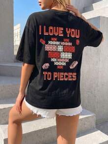 女款黑色垃圾搖滾街頭風短袖圓領「I Love You To Pieces」圖案針織T恤上衣 - 黑色 - 查看 3
