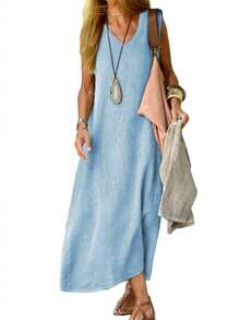 Women's Cotton Linen Tank Dress Solid Color Sleeveless V-Neck Loose A-Line Long Dress - 淺藍色 - 查看 3