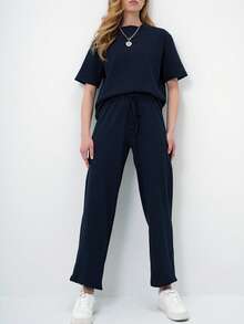 Women's Solid Color Short Sleeve Top And Pants Casual Everyday Set - Royal Blue - View 5