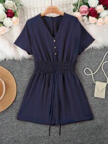 Mono de mujer casual de unicolor con cuello en V y botones, elegante para el verano - Azul marino - Ver 3