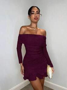 MEXSHEIN  Vestido mini elegante y dulce de manga larga con hombros abiertos, tejido de malla de unicolor, con volantes exagerados en el bajo, adecuado para reuniones de té por la tarde, salidas de moda, citas, salidas dulces, salidas nocturnas, fiestas navideñas, Noche Vieja, atuendos de mujer para vacaciones, vestidos de manga larga, atuendos sexys de mujer, atuendos de mujer para clubes, vestidos mini de manga largaMEX SSZD - Rojo violeta - Ver 1
