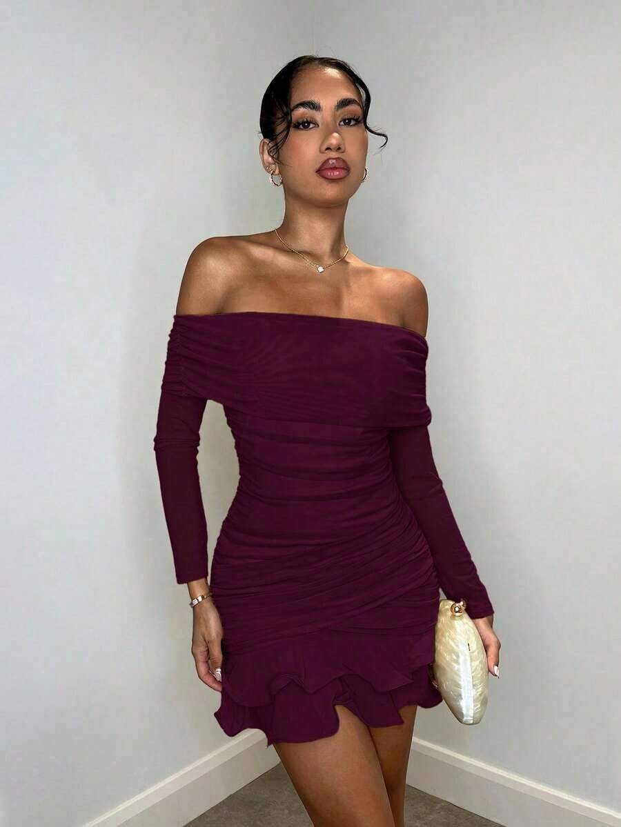 MEXSHEIN Vestido mini elegante y dulce de manga larga con hombros abiertos, tejido de malla de unicolor, con volantes exagerados en el bajo, adecuado para reuniones de té por la tarde, salidas de moda, citas, salidas dulces, salidas nocturnas, fiestas navideñas, Noche Vieja, atuendos de mujer para vacaciones, vestidos de manga larga, atuendos sexys de mujer, atuendos de mujer para clubes, vestidos mini de manga largaMEX SSZD - Rojo violeta - Ver 1