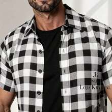 LK Checkered Printed Men's Short-Sleeve Dress Shirt For June Festivals - 白色 - 查看 4