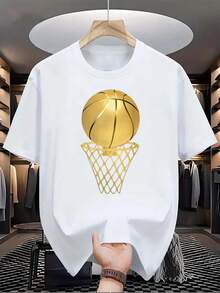 Men's Casual Summer T-Shirt With A Creative Gold Basketball Net Print, Short-Sleeved Crew Neck T-Shirt, Suitable For Everyday Wear On Various Occasions. Features A Minimalist INS Letter Print, A Sports Pattern Collection With Religious-Style Lettering, And A Loose, Soft Fit. The Perfect Gift Choice. - White - View 1