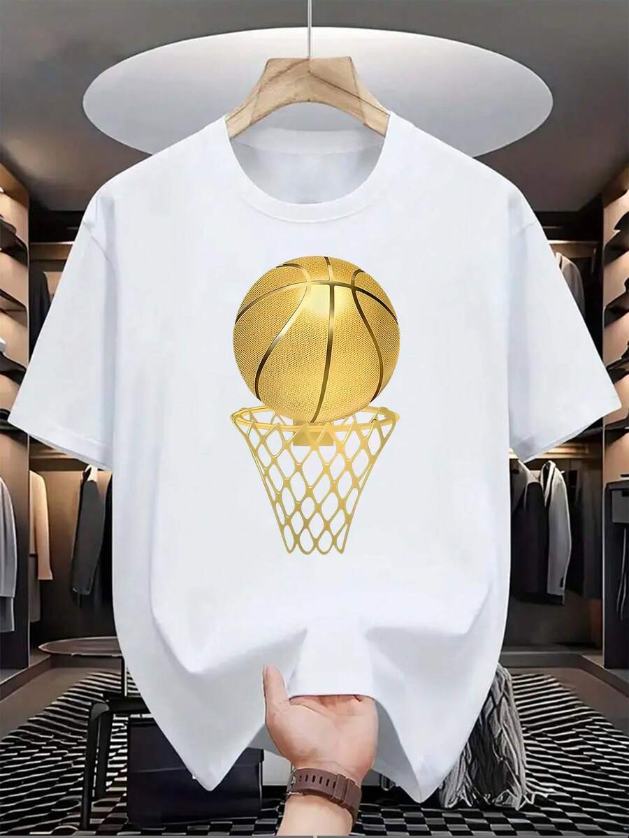 Men's Casual Summer T-Shirt With A Creative Gold Basketball Net Print, Short-Sleeved Crew Neck T-Shirt, Suitable For Everyday Wear On Various Occasions. Features A Minimalist INS Letter Print, A Sports Pattern Collection With Religious-Style Lettering, And A Loose, Soft Fit. The Perfect Gift Choice. - White - View 1