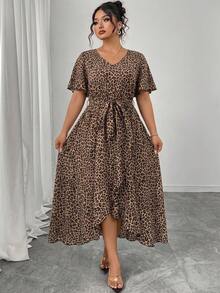 Plus Size Women's Printed Animal Pattern Woven Fabric V-Neck Maxi Dress Elegant Summer - Multicolor - View 3