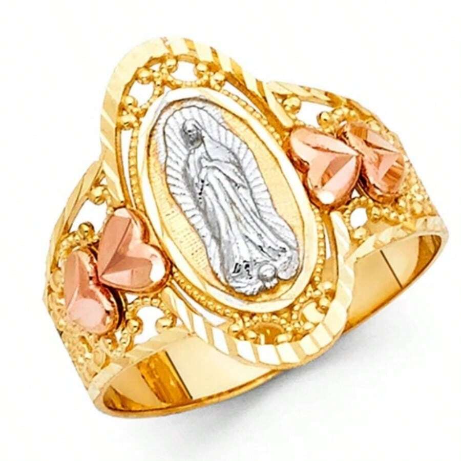 Vintage Embossed Heart-Shaped Ring For Women, Hollow Carved With Pink Enamel, Featuring Soft Artistic Style And Personalized Accessory For Daily Commute - Gold - View 1