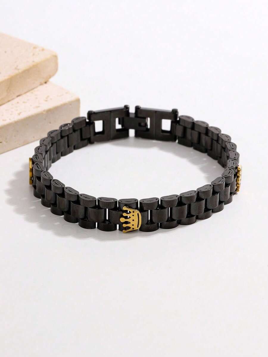 1pc Stainless Steel Multi-Color Triple Crown Design Unisex Accessory, Suitable For Daily Wear, Parties, Holidays, And Gift Giving - Black + Gold - View 1