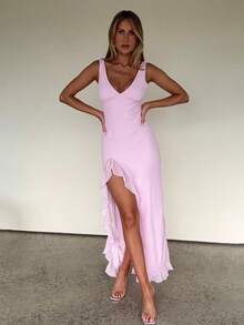 Vestido tirantes unicolor nuevo, escote V con volantes ajustado y con abertura - Rosa - Ver 3