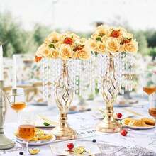 12 piezas de soportes de cristal para flores de boda de 49 cm/19,3" de altura, jarrones de metal para centros de mesa de boda, soportes dorados para flores, estantes de exhibición floral para mesas de bodas, cenas, ceremonias, decoración de eventos de cumpleaños. - 10 soportes de exhibición florales dorados de 16 cm/6,3 pulgadas - Ver 9