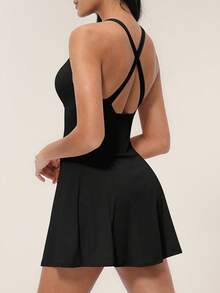 TimeOff 1 pieza Vestido-pantalón corto de mujer con cuello en V, unicolor, abertura lateral, volante en el bajo, tirantes cruzados, bolsillo y forro - Negro - Ver 3