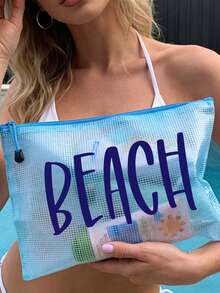 多色防水時尚網格布海灘包,印有「Beach」字樣彩妝包,海灘主題。大容量透明化妝包,附尼龍拉鍊盥洗包 - 輕量,可存放文件、文具、防曬霜、零食、比基尼和海灘必需品。春夏收納,非常適合游泳、海灘、潛水和夏季度假 - 彩色 - 查看 6