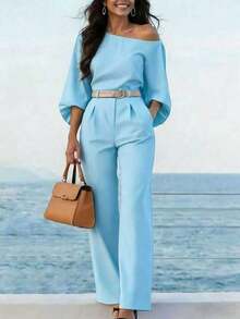 Conjunto de 2 piezas elegante azul para mujer, top asimétrico con pantalones de traje, adecuado para primavera/verano, Ramadán, Día de la Madre, Eid Al-Fitr, uso diario, playa, vacaciones - Azul - Ver 6