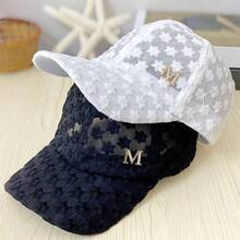 1pc Women's Spring/Summer Daisy Mesh Lace Floral Print Minimalist Metal M Logo Lightweight Comfortable Sun Protection Baseball Cap For Travel, Party, Outing And Daily Wear - M-sign Baseball Cap - View 2