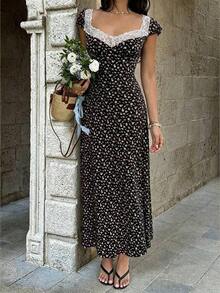 Unity Vestido midi de línea A con mangas cortas abullonadas, cintura alta, cuello con aplicación de corazón y encaje, estampado de lunares blanco y negro en patchwork.Minimalista, elegante y dulce, adecuado para uso diario, viajes, primavera/verano, mujeres - Negro - Ver 3