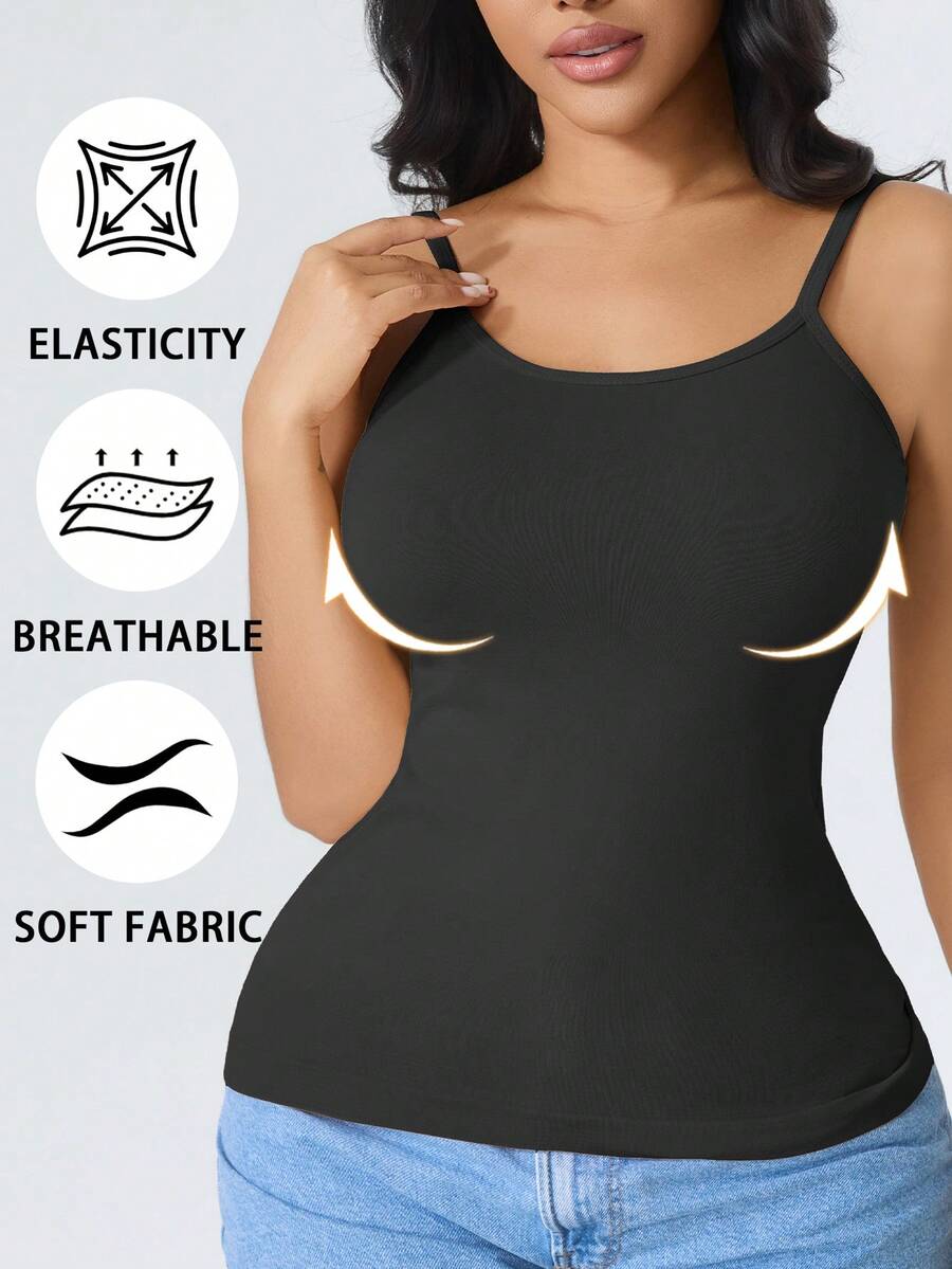 CELILIN Black Adjustable Strap Seamless Camisole Tank Top, Breathable Skin-Friendly Tummy Control Slimming - Black - View 1