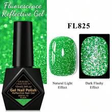 FOUR LILY 1 Bottle 10ml Green Fluorescent Reflective Glitter Gel Nail Polish, Summer Nails Shiny Fluorescent Color Semi-Permanent Soak-Off UV Gel Nail Art DIY Home Salon Supplies - 綠色 - 查看 3