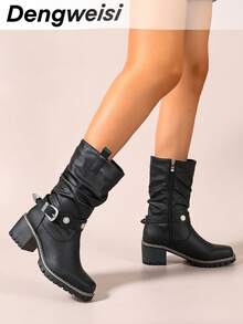 黑色褶皱绑带侧拉链粗跟方头朋克西部靴，舒适百搭街头风，适合办公室、通勤、日常、度假等场合，欧美时尚中筒女靴 - 黑色 - 查看 2